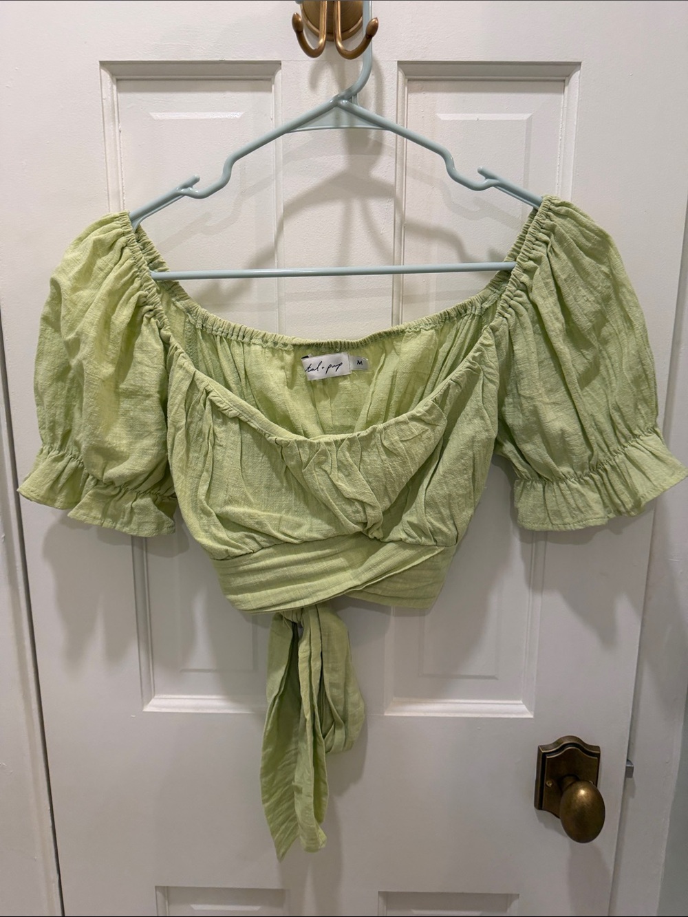 Petal & Pup Light Green Off-Shoulder Tie-Front Crop Top